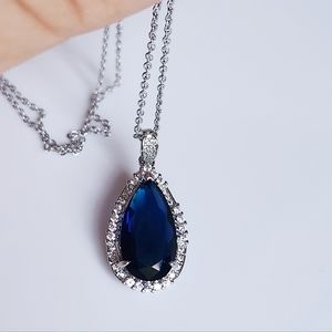 New 925 Silver Pear Cut Blue Sapphire Diamond Necklace Pendant & Chain